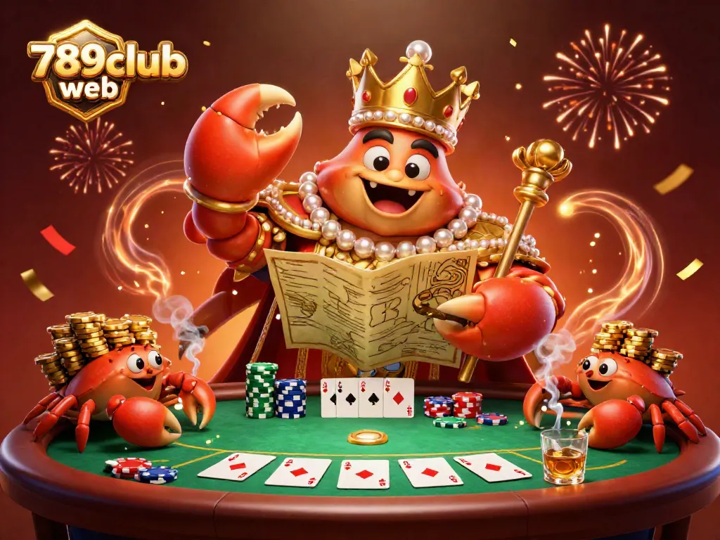 Engage in thrilling poker action at 789club web with a golden crab emperor surrounded by luxury casino elements.