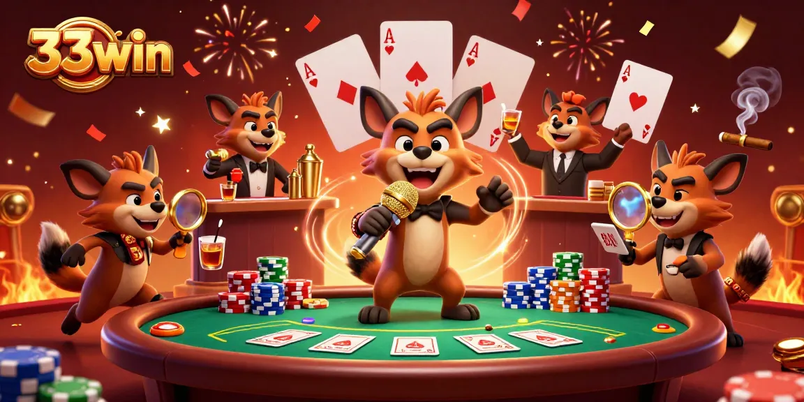 Experience the lively comedy casino scene with 33win hyenas performing and playing poker.
