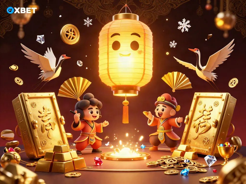 Experience the thrilling casino atmosphere of OXBET with golden lantern spirits, treasures, and vibrant elements.
