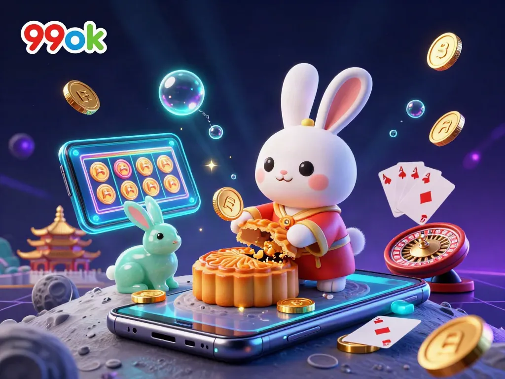 Experience thrilling gameplay with the 99ok moon rabbit and casino elements illuminated in vibrant colors.