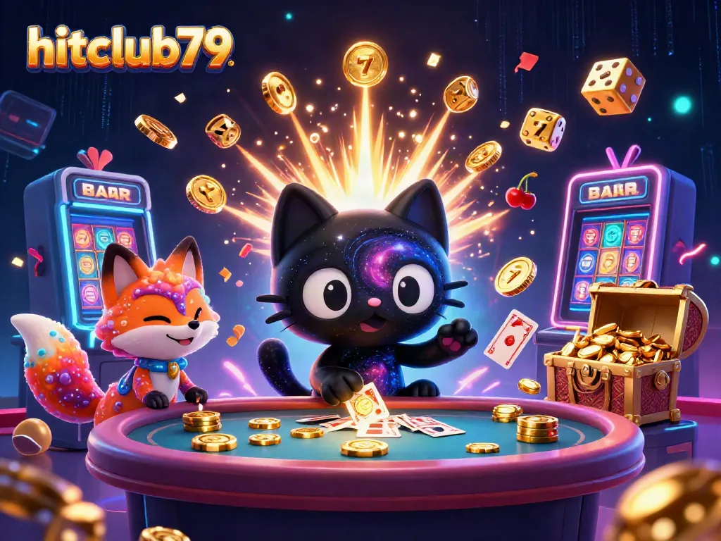 Engaging illustration of hitclub79’s lively cosmic casino scene with a black hole cat and vibrant gaming elements.