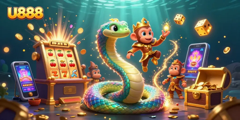 U888 captivates with a vibrant slot machine jackpot scene and playful characters, enhancing online gaming vibes.