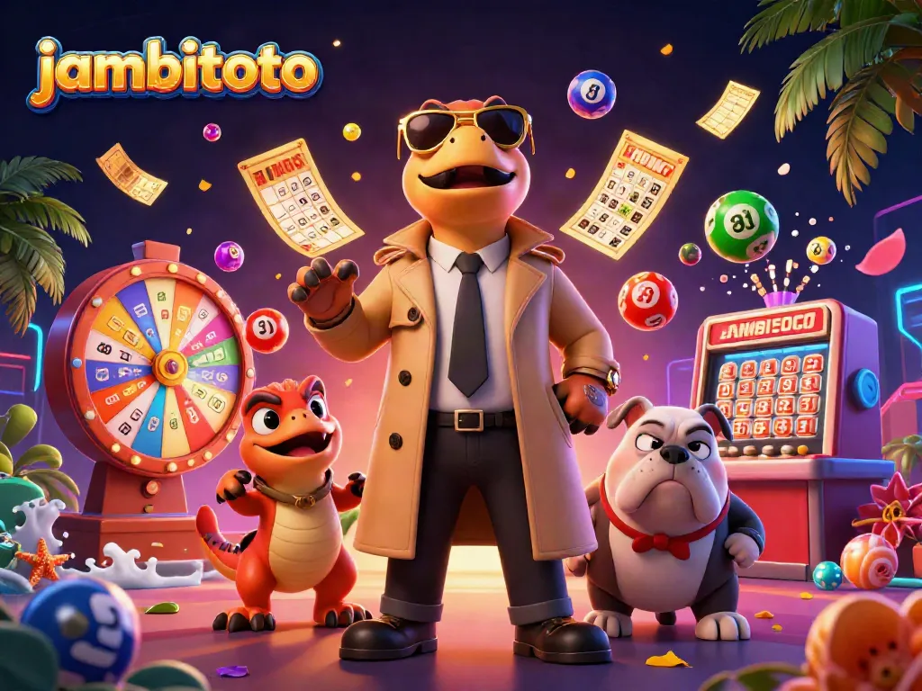Engage with jambitoto as playful raptors try to enter a VIP casino lounge under a colorful, dynamic backdrop.