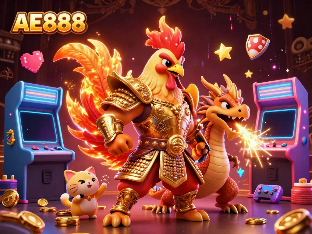 Witness the AE888 action with a fighting rooster, armored dragon hatchling, and a fortune cat in a vibrant gaming environment.