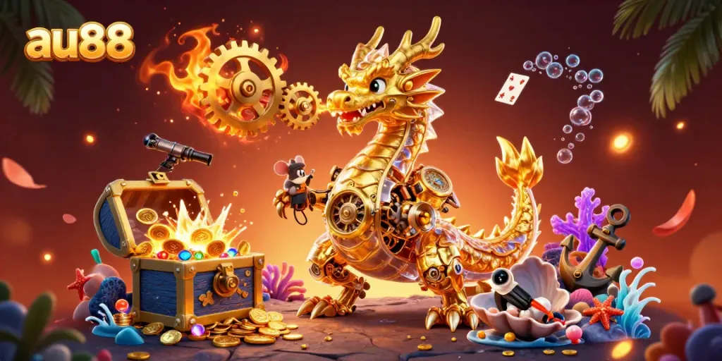 Engage with au88's thrilling casino adventure featuring a golden dragon in a vibrant underwater world.