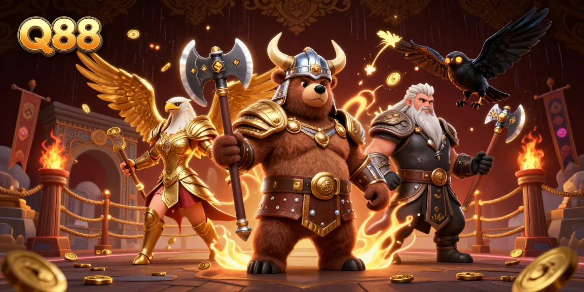 Q88 triggers an exhilarating casino adventure with Viking and Valkyrie characters amidst gold coins.