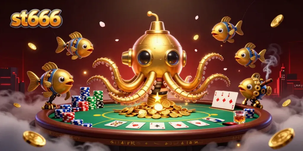Bet big with ST666's immersive gaming experience, highlighted by golden coins and dynamic poker action.