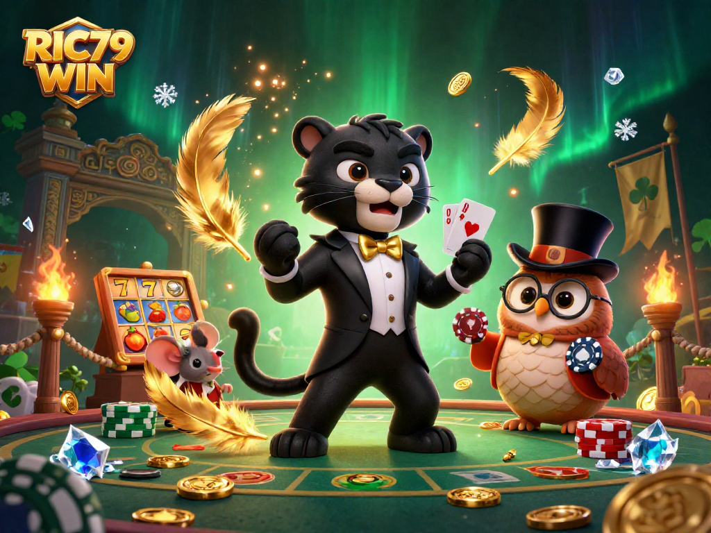 Engage in fun casino gameplay with RIC79 WIN featuring stylish characters amidst a dynamic scene of poker and luxury.