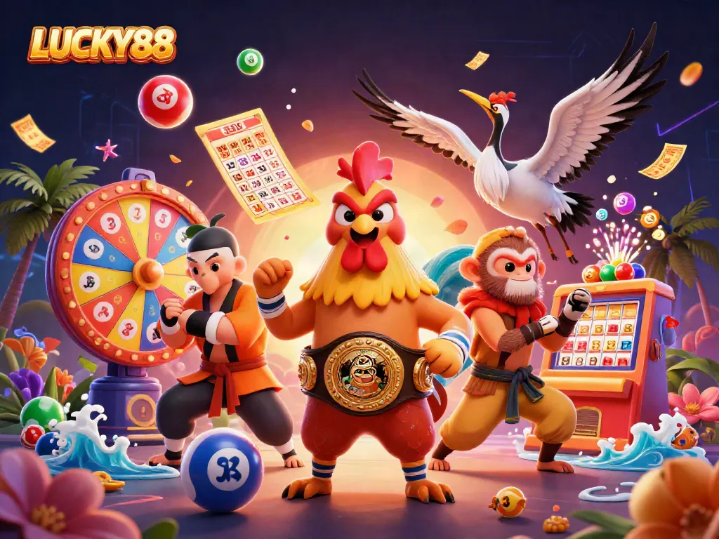 Experience thrilling gameplay with LUCKY88's Muay Thai rooster and Shaolin monkey promoting excitement.