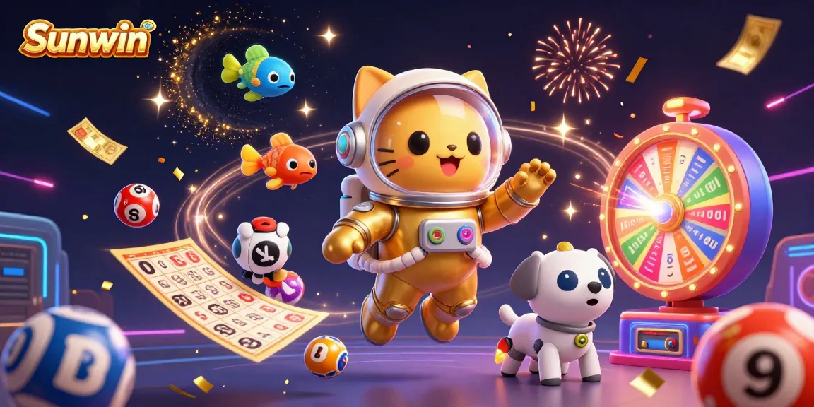 Engage with Sunwin's vibrant online gaming universe featuring dynamic 3D illustrations of an astronaut cat and rocket dog amid a lottery celebration.