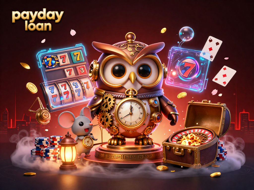 Engage with payday loan offerings while navigating vibrant casino elements in a dynamic 3D scene.