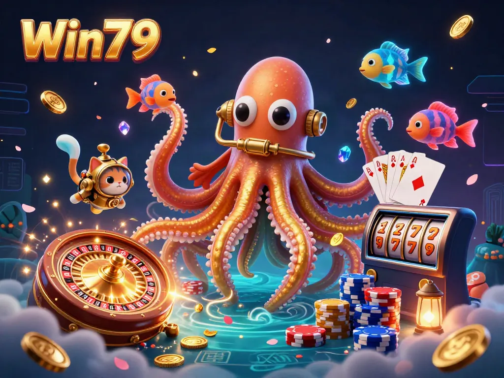 Win79 showcases a colossal kraken, diving cat, and deep-sea fish, celebrating vibrant casino elements.