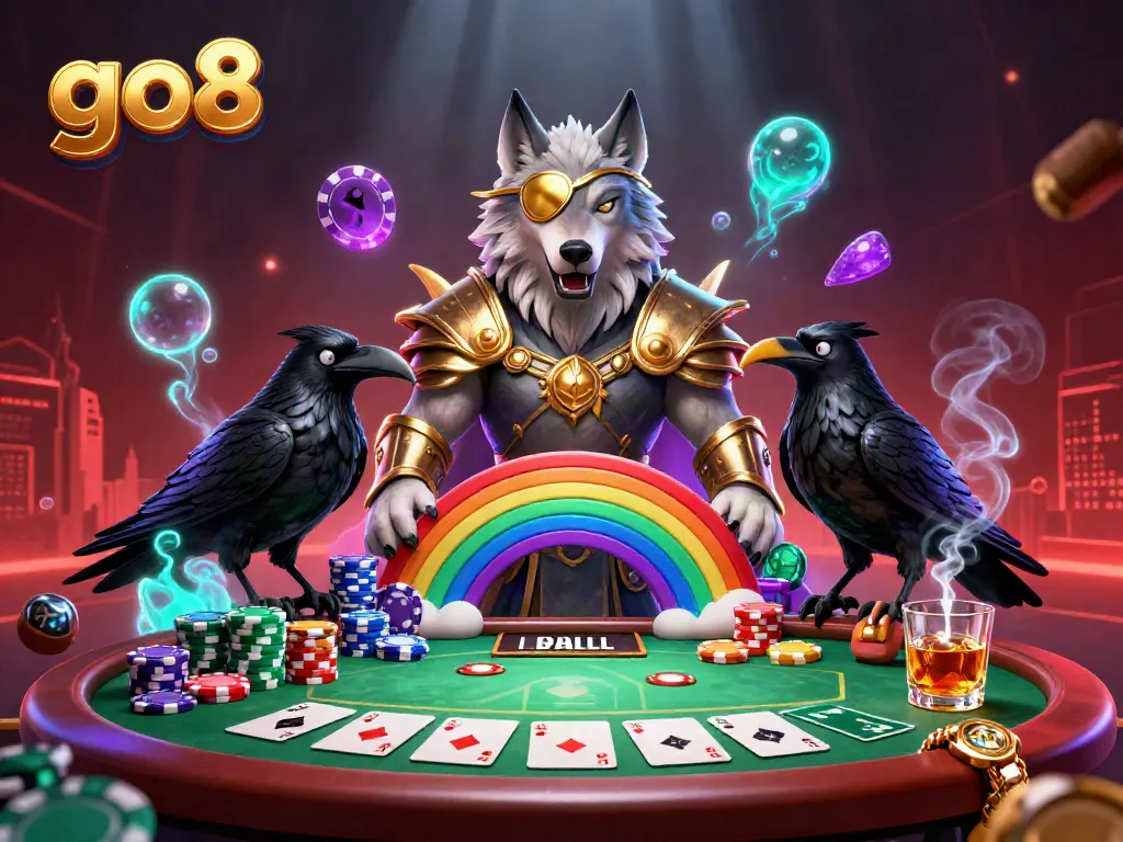 Engage in vibrant casino action with go8, featuring Odin and ravens over a casino chip bridge.