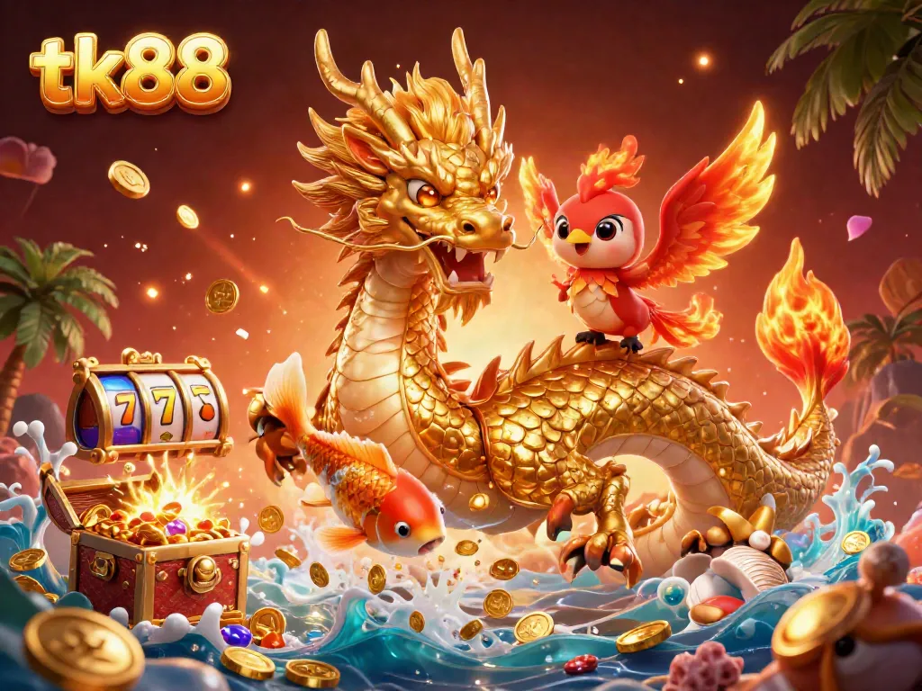 Experience exhilarating online gaming with tk88 featuring a dragon and phoenix amidst a shower of coins.