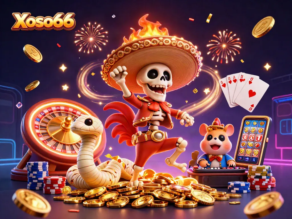 Xoso66 brings excitement to the table with vibrant characters dancing on golden coins amidst casino elements.