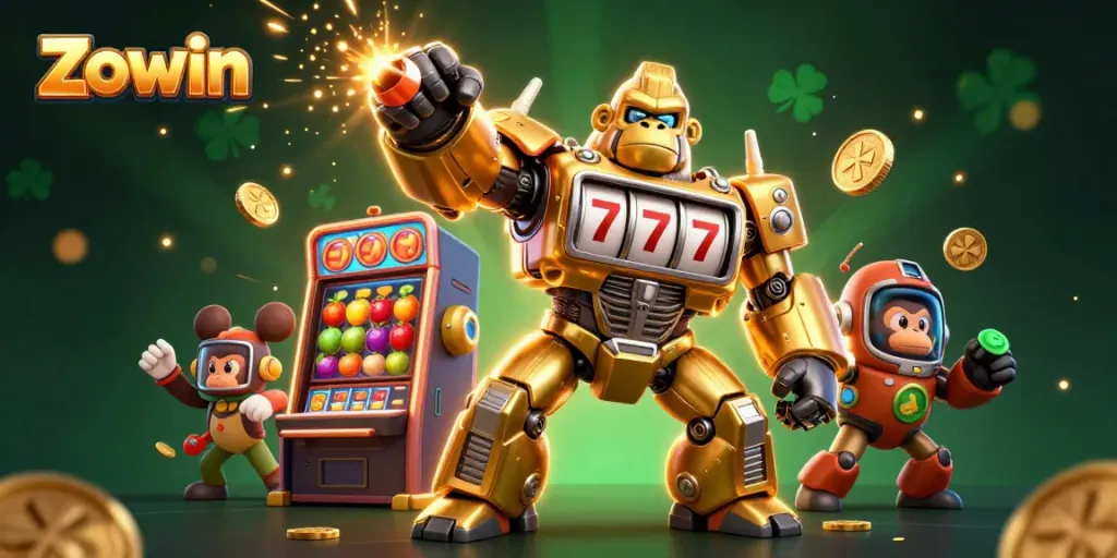 Zowin slot machine mech bursting with coins, surrounded by vibrant casino elements.