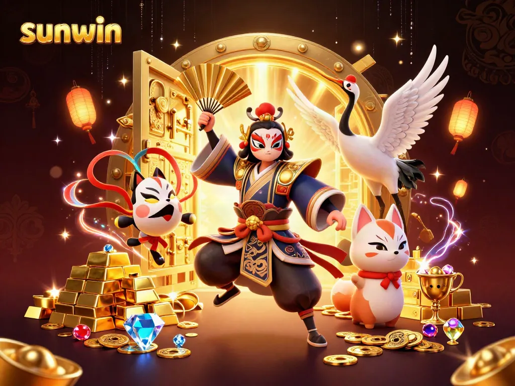 Experience thrilling gameplay at Sunwin, with a dynamic scene featuring legendary characters and dazzling treasures.