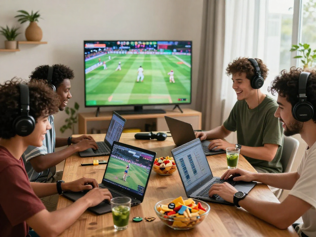 GB444 online gaming scene with diverse players enjoying cricket matches and games at home.