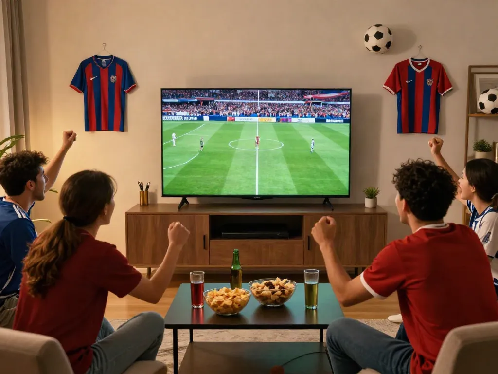 Xoilactv fans enjoying a football match in a vibrant home setting with snacks and excitement.