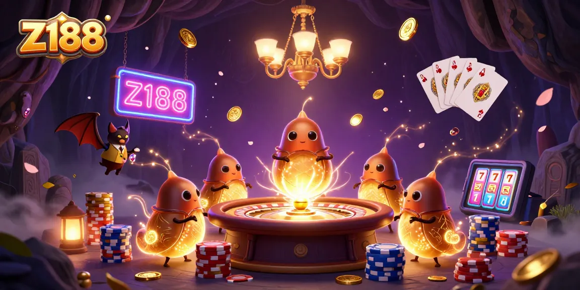 Z188 casino scene with glowworms lighting the table, cascading coins, and vibrant colors.