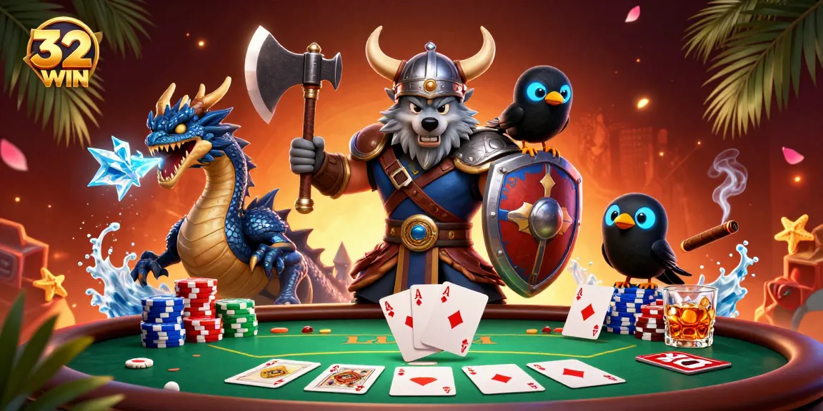 Engage in thrilling poker action at 32WIN with characters enjoying a victory scene at a dynamic casino.