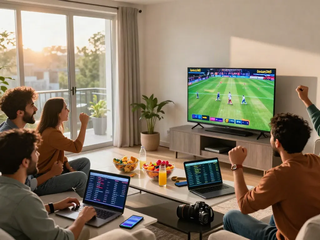 Friends enjoying cricket match betting on lotus365 with snacks and drinks.
