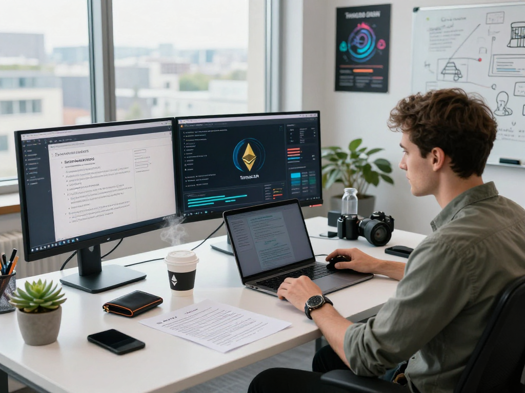Tornardocash cryptocurrency analysis workspace with digital displays and blockchain notes in a modern office setting