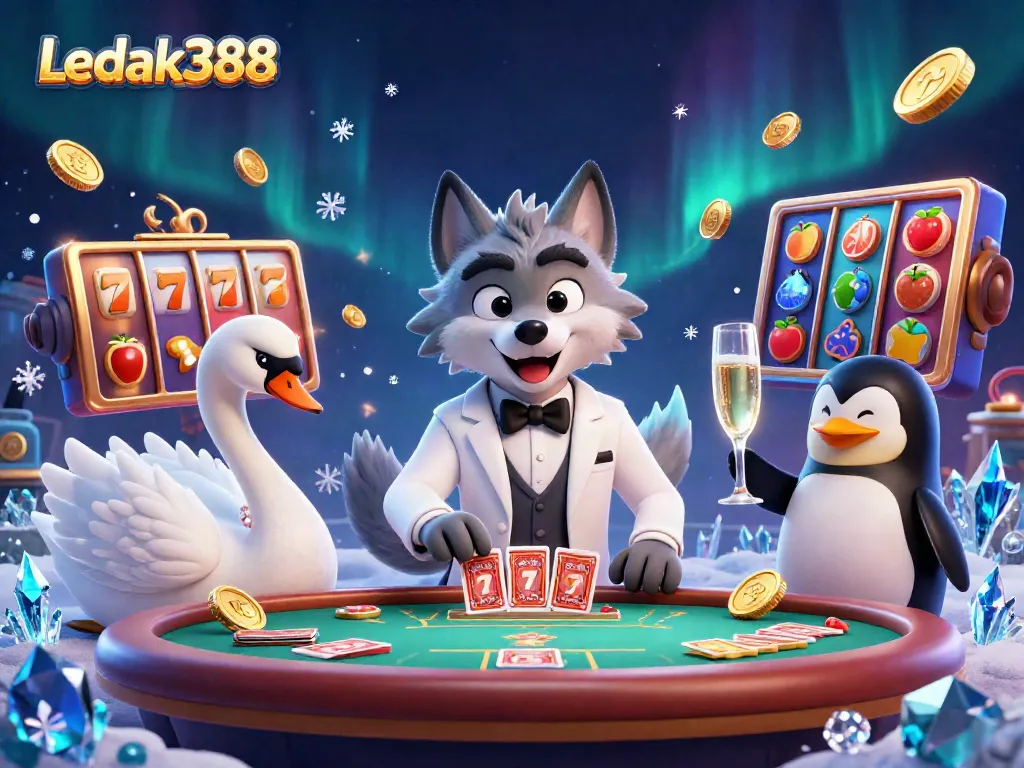 Experience thrilling gameplay with Ledak388's vibrant illustrated casino scene featuring dynamic slot elements.