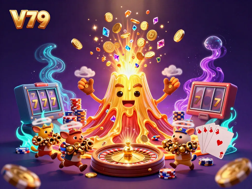 V79 showcases a triumphant golden volcano erupting coins as tiny explorers flee with treasure in an exciting casino scene.