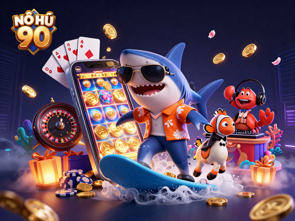 NỔ HŨ 90 reveals a vibrant online gaming adventure, showcasing characters and casino elements.