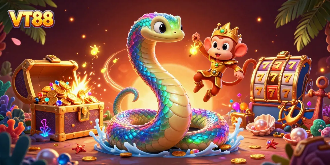 Experience the thrill of VT88 with vibrant gaming elements cascading from a rainbow serpent.