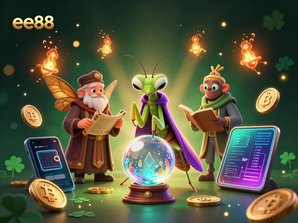 Engage with ee88 online gaming world through a whimsical scene featuring fortune tellers and mystical elements.