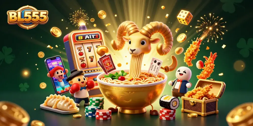 Win big with BL555 at this animated casino scene featuring vibrant 3D characters and games.