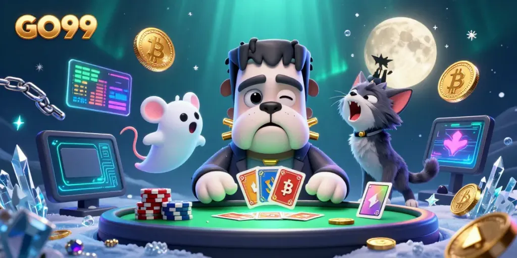 Engage in thrilling gameplay at GO99 with a lively cartoon monster dealer, crypto coins, and fun characters.