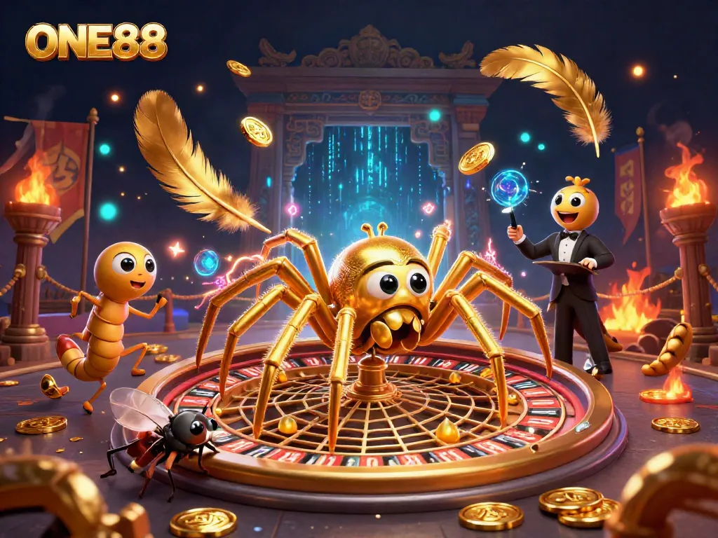 Experience betting at ONE88 with a dynamic casino scene including a golden spider and centipede croupier.