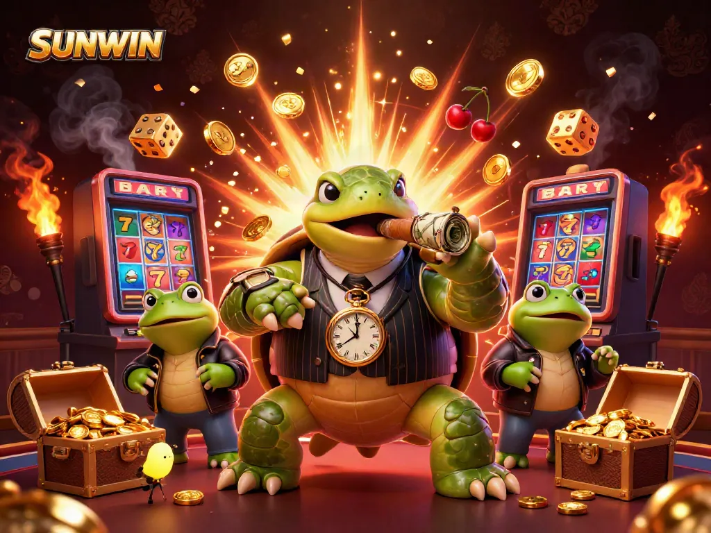 Experience excitement with SUNWIN as the turtle mobster leads a captivating casino adventure.
