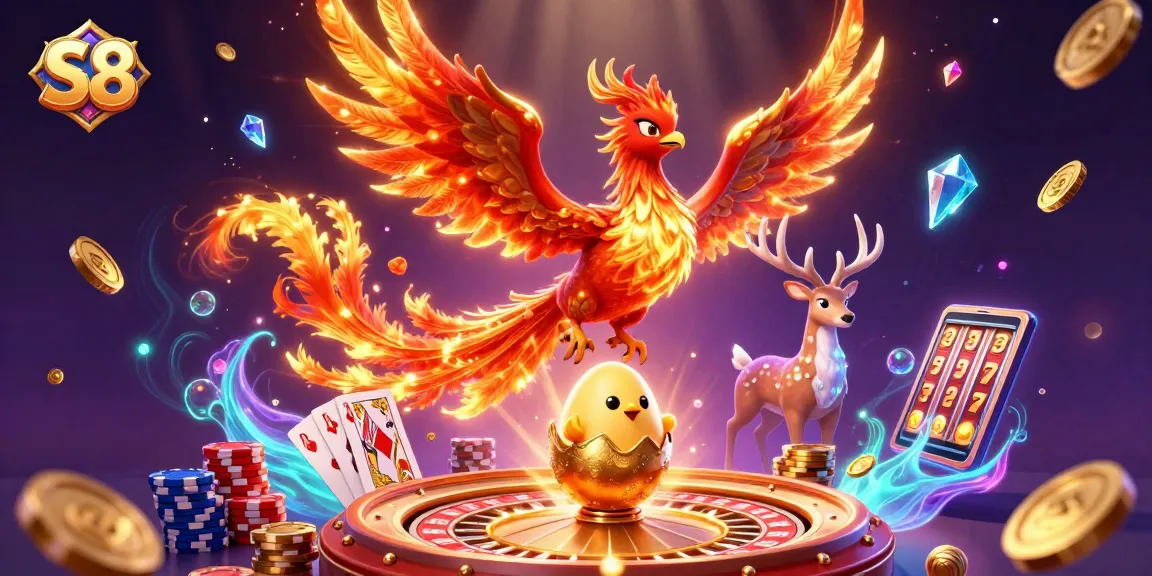 S8 casino illustration showcasing a phoenix and poker elements amidst dazzling casino riches.