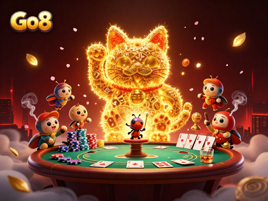 Engage in thrilling gameplay at Go8, surrounded by lively casino symbols and card elements.