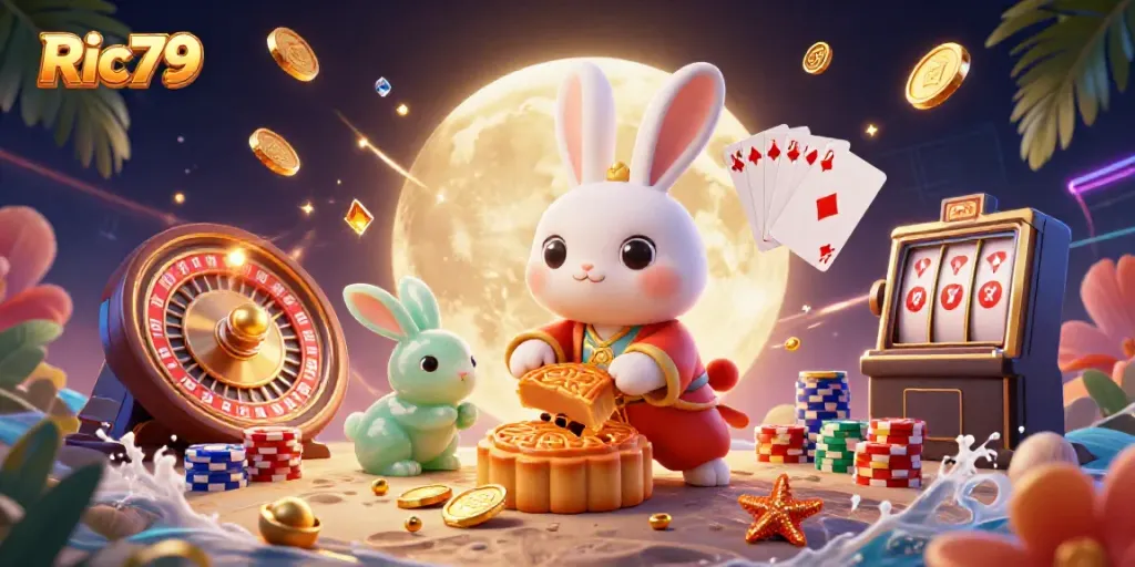 Join the adventure with Ric79 in this vibrant 3D casino scene filled with moon rabbits and poker excitement.