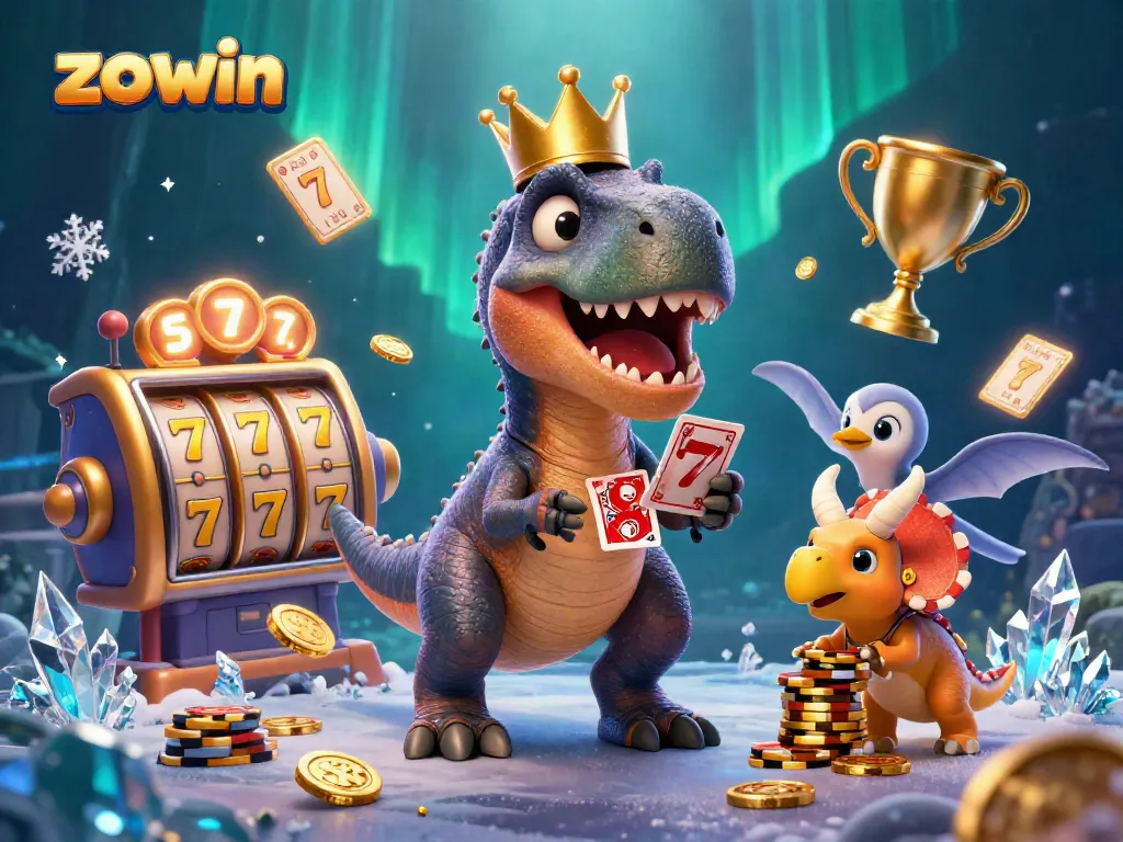 Zowin's engaging casino scene features a T-Rex shuffling cards and a triceratops stacking chips, embodying the thrill of slots.