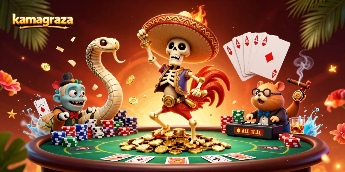Experience the dynamic energy of kamagraza as a vibrant mariachi rooster dances among poker chips and coins.