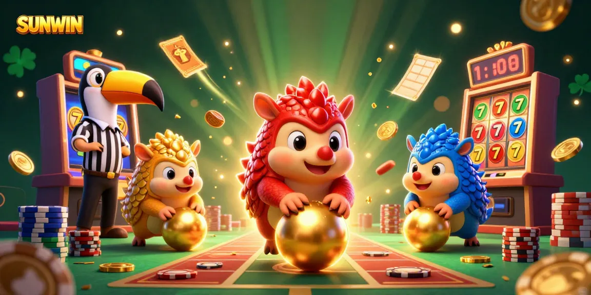 SUNWIN casino experience with rival pangolins bowling through poker chips amid dynamic slot elements.