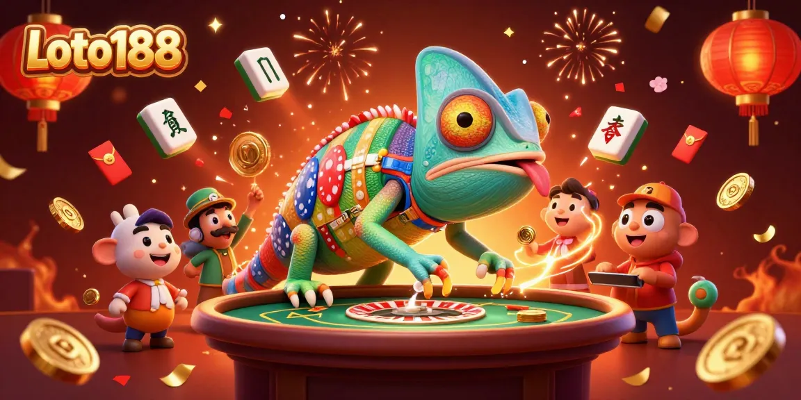 Loto188 captivates with a vibrant chameleon casino owner amidst golden coins and festive decorations.