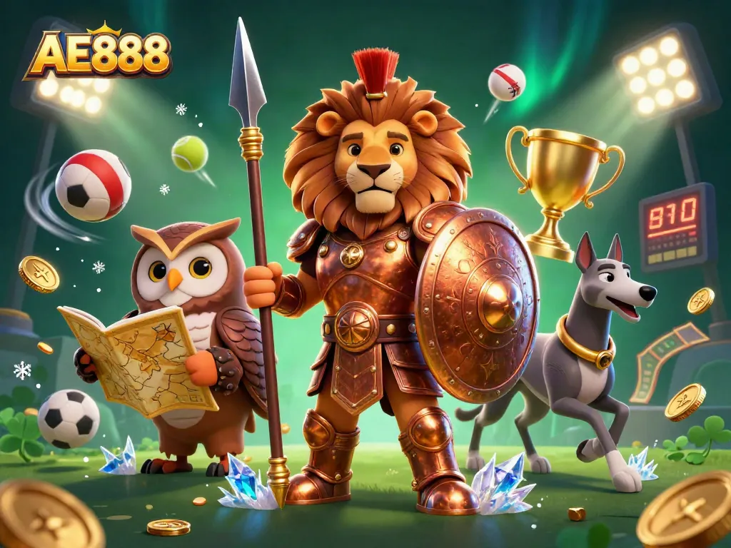 Bet on AE888 with dynamic sports action, featuring a Spartan lion, owl strategist, and greyhound messenger.