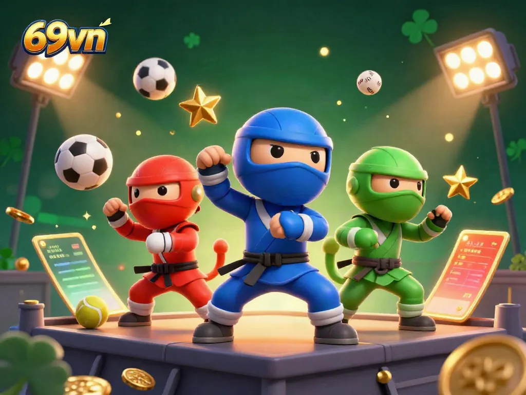 Experience thrilling gameplay with 69vn as ninja chameleons demonstrate dynamic poses amidst explosive casino excitement.