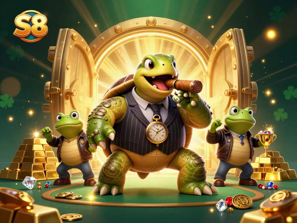 Experience thrilling moments at S8 with a cartoon turtle mobster flanked by bullfrogs amidst sparkling treasures.