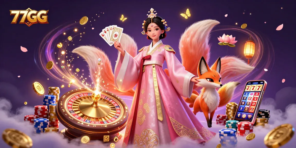 Bet big with 77GG at this vibrant online casino featuring a lucky Asian woman and fortune symbols.