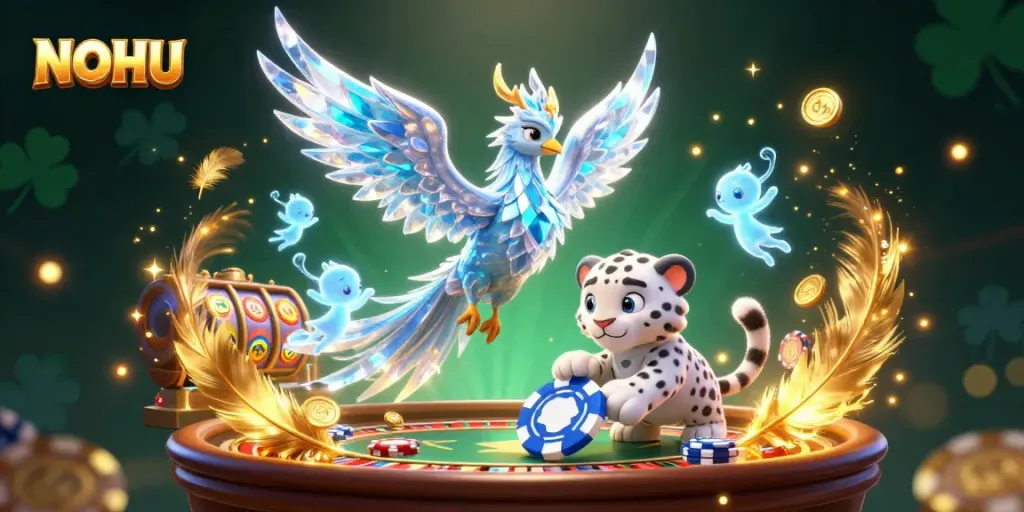 Experience NOHU's thrilling slots as the ice phoenix and friends celebrate with vibrant casino elements.
