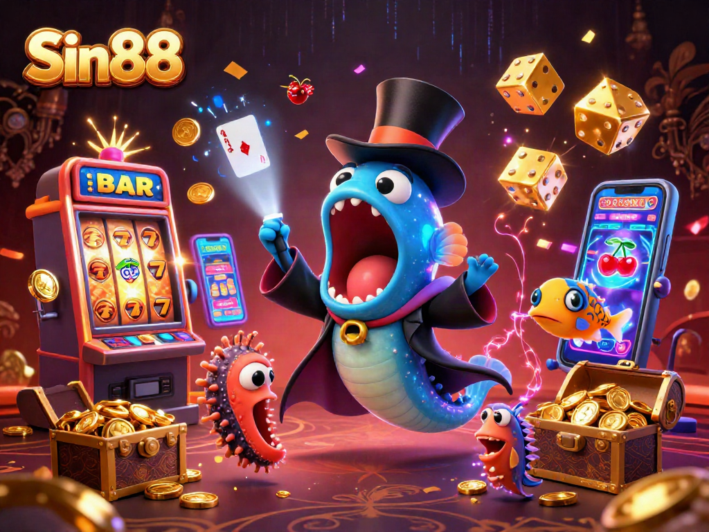 Sin88's colorful casino scene featuring bioluminescent eel performing tricks among vibrant gaming elements.