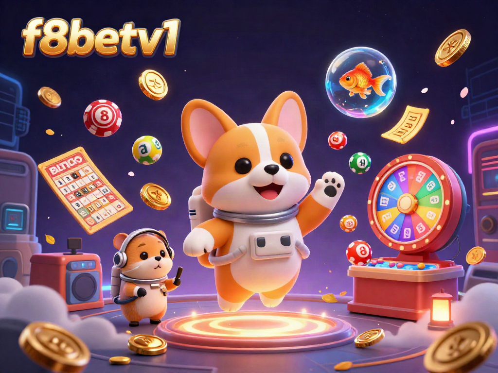 Experience thrilling gaming fun at f8betv1 with a floating astronaut, swirling poker chips, and dynamic lottery visuals.